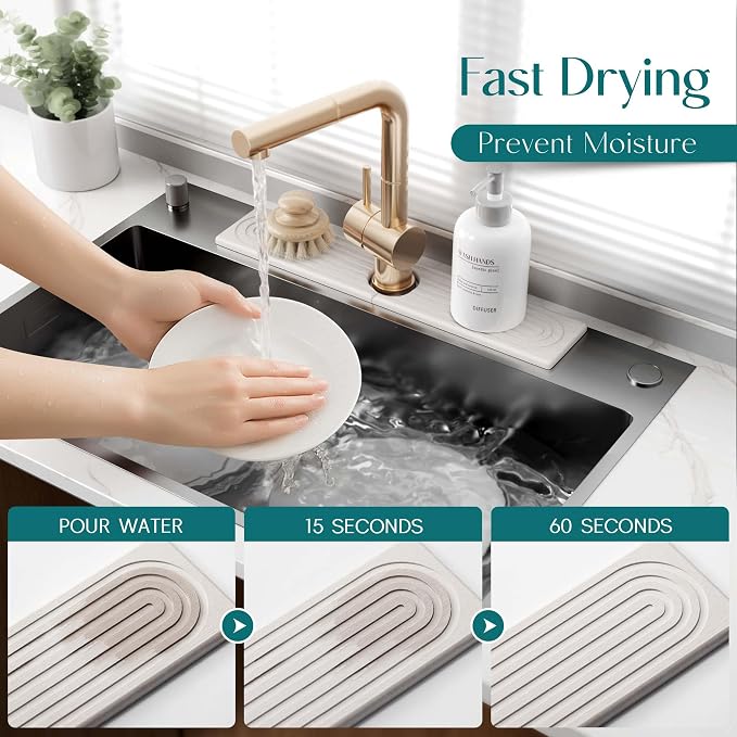 Eormoe Stone Faucet Mat for Kitchen Sink – Diatomite Drying Stone Mat & Sink Protector, Prevents Moisture – Sink Splash Guard Water-Absorbing Stone Tray for Bathroom Counter (Light Grey, 20" x 3.9")