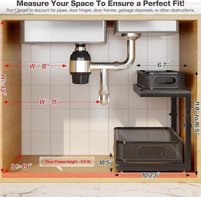 2-Pack 18.5 IN Depth Under Sink Organizer With Next-Gen Ball-Bearing Slides,Sophisticated Mesh 2-Tier Pull Out Shelf for Kitchen & Bathroom,Fits Small Items-Black