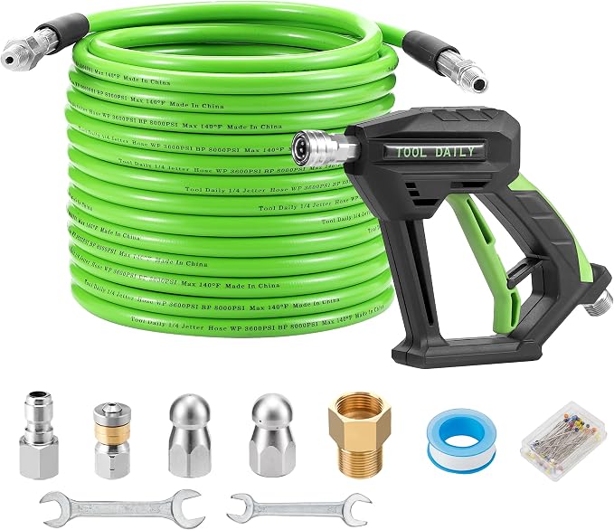 Tool Daily Sewer Jetter Kit for Pressure Washer 50 FT, Power Washer Gun | Drain Cleaner Hose 1/4 Inch NPT, Corner, Rotating and Button Nose Sewer Jet Nozzle, 3600 PSI