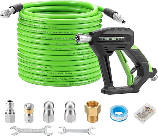 Tool Daily Sewer Jetter Kit for Pressure Washer 50 FT, Power Washer Gun | Drain Cleaner Hose 1/4 Inch NPT, Corner, Rotating and Button Nose Sewer Jet Nozzle, 3600 PSI