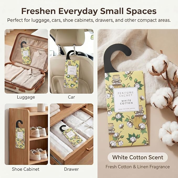 Large 12 Packs White Cotton Hanging Scented Sachets Long-Lasting Closet Deodorizer Air Freshener Fabric Refresher Odor Eliminator for Drawer Home Fragrance Gift Set