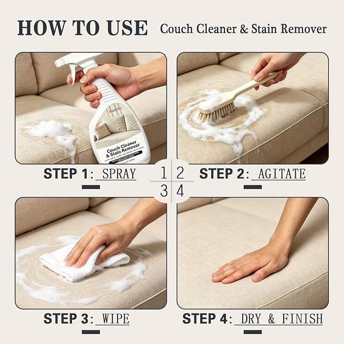 Couch Cleaner Stain Remover Spray - Multi-Surface Fabric Upholstery Cleaner | Pet Safe, Non Toxic, Quick Drying. Professional Strength for Sofa, Couch and Carpet - Includes Brush and Towel (2 Pack)