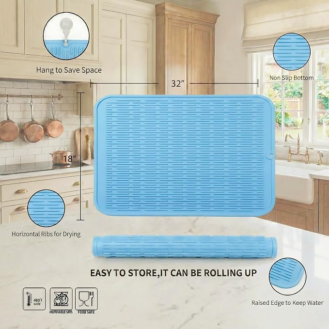 MicoYang Silicone Dish Drying Mat for Multiple Usage,Easy clean,Eco-friendly,Heat-resistant Silicone Mat for Kitchen Counter or Sink,Refrigerator or Drawer Liner Light Blue 4XL 32 inches x 18 inches