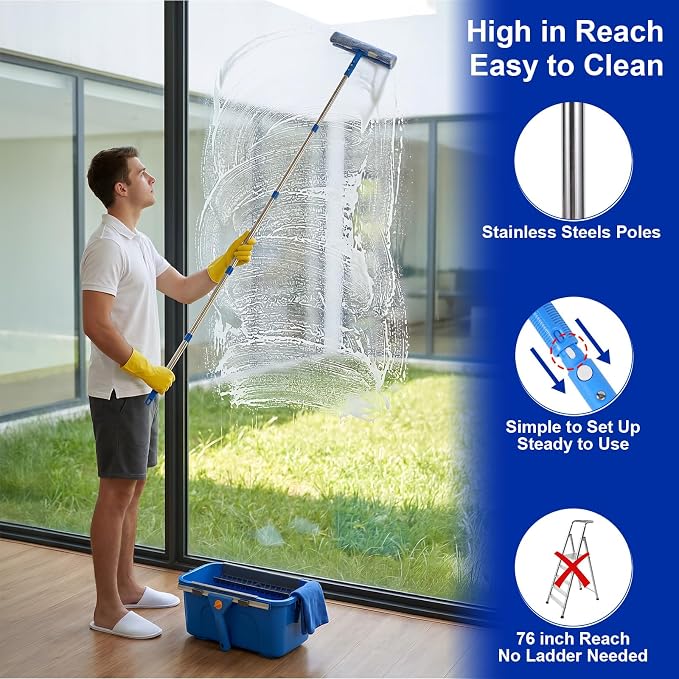 Professional Window Cleaning Kit, Window Washing Kit with 3 Gallon Bucket, 14-Inch Squeegee, 15-Inch Scrubber, 76-Inch Extendable Pole, Set of Window Cleaning Equipment for Home & Commercial Use