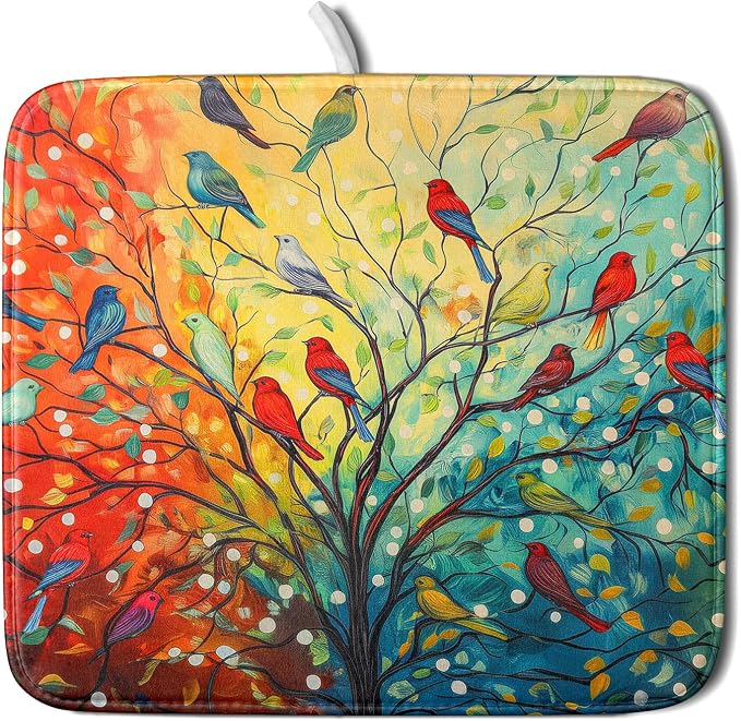 Colorful Spring Summer Tree Bird Dish Drying Mats for Kitchen Counter 16”x18” Absorbent Reversible Microfiber Spring Floral Dish Drying Pad Seasonal Flowers Mat Dish Draining Mat for Countertop Decor