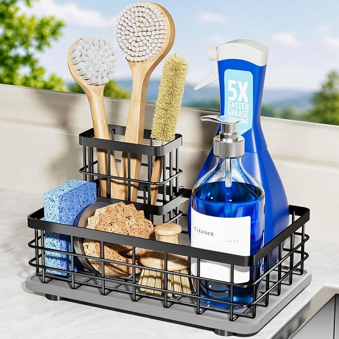 Extra Large Kitchen Sink Caddy Organizer, Stainless Steel Sponge Holder for Kitchen Sink with Brush Holder, Diatomite Stone Sink Tray for Soap Dispenser, Sponge, Bathroom Countertop Organizer, Black