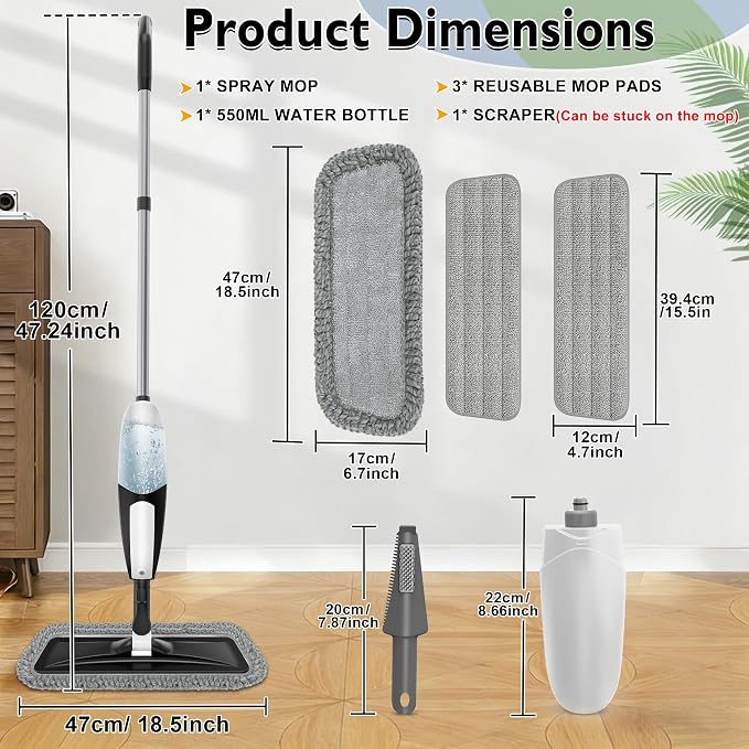 Spray Mop for Floor Cleaning: Microfiber Wet Dry Mops with 3 Washable Pads | Leak-proof Refillable Bottle, 360° Swivel Head, Lightweight Floor Mops with Sprayer for Hardwood Laminate Tile Wood Vinyl