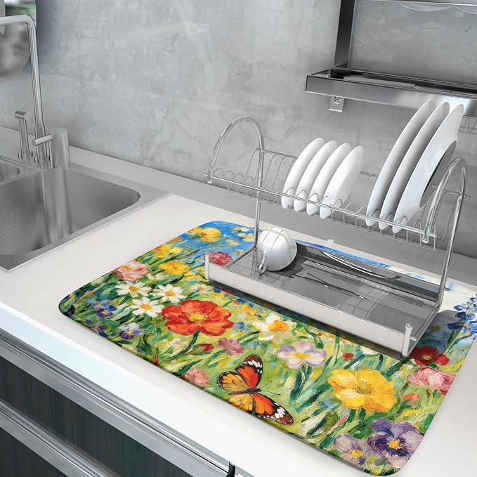 Cute Floral Dish Drying Mat for Kitchen Counter 18x24, Spring Summer Decorative Absorbent Reversible Microfiber Kitchen Countertop Protector Dishes Drainer Pad, Watercolor Flower Butterfly