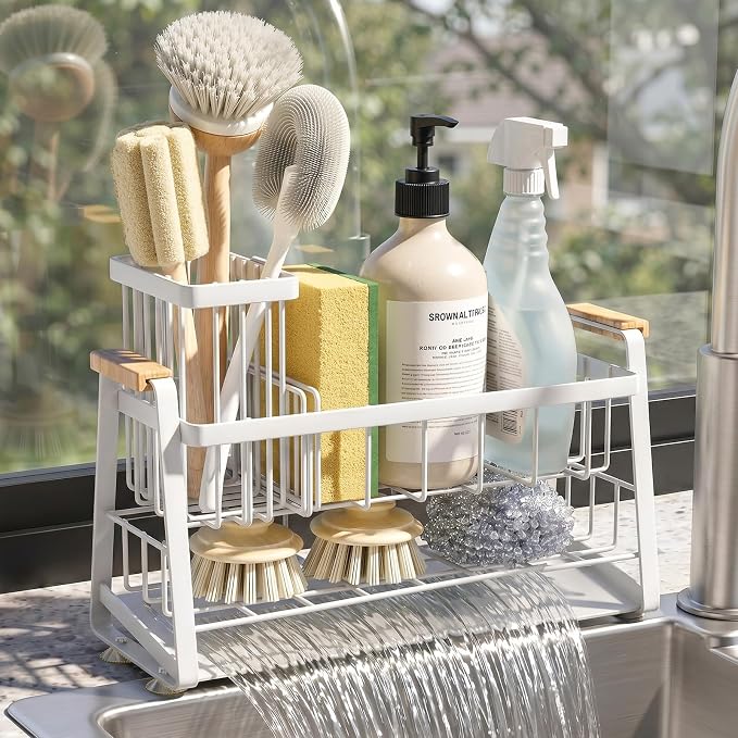 Housolution Sponge Holder for Kitchen Sink, 2-Tier Sink Caddy Organizer with Flexible High Brush Holder, Kitchen Countertop Storage Accessories, Soap Dispenser Organizer, Rustproof, White