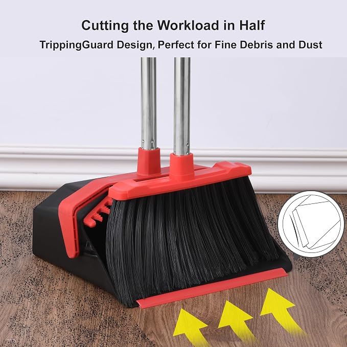 Broom and Dustpan Set for Home, 51" Long Handle Standing Dustpan Black Red | Self-Cleaning Dust Pan and Brooms, ZeroGap Lip, Upright Storage Broom Combo for Kitchen Lobby Office Restaurant Indoor