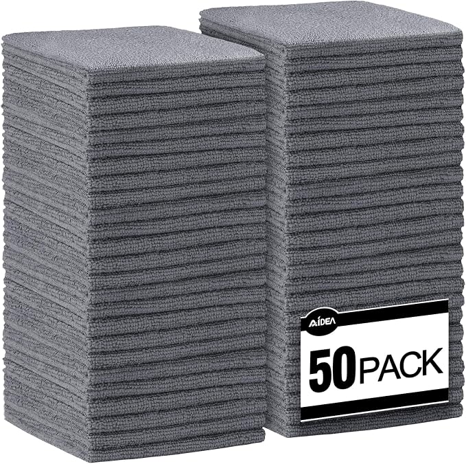 AIDEA Microfiber Cleaning Cloth Grey-50PK, Soft Absorbent Rags, Microfiber Towels for Cars, Kitchen Towels, Dusting Cloth for Home, Window, Cleaning Supplies, 12"×12"