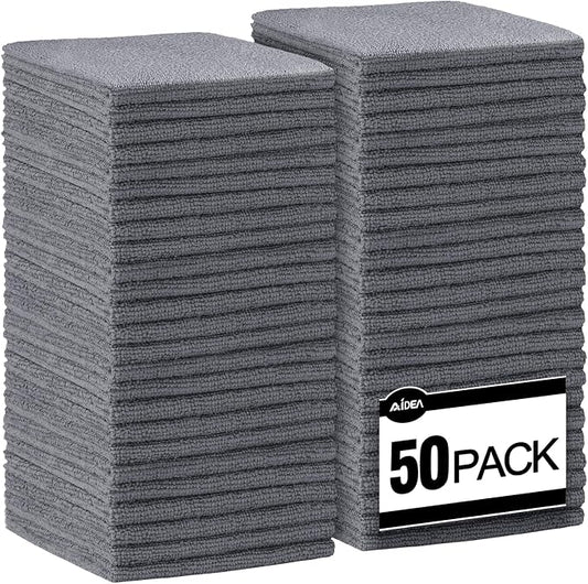 AIDEA Microfiber Cleaning Cloth Grey-50PK, Soft Absorbent Rags, Microfiber Towels for Cars, Kitchen Towels, Dusting Cloth for Home, Window, Cleaning Supplies, 12"×12"