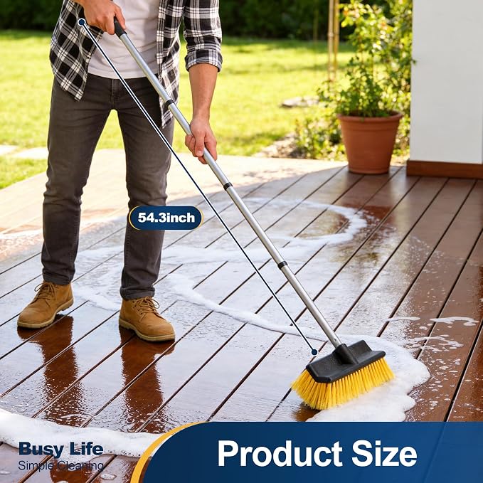Yocada Deck Brush with 4-Section Extendable Handle Floor Scrub Brush | Soft &Medium Bristles Non-Slip Grip for Outdoor Deck Patio Bathroom Garage Concrete Cleaning 54.3 Inch