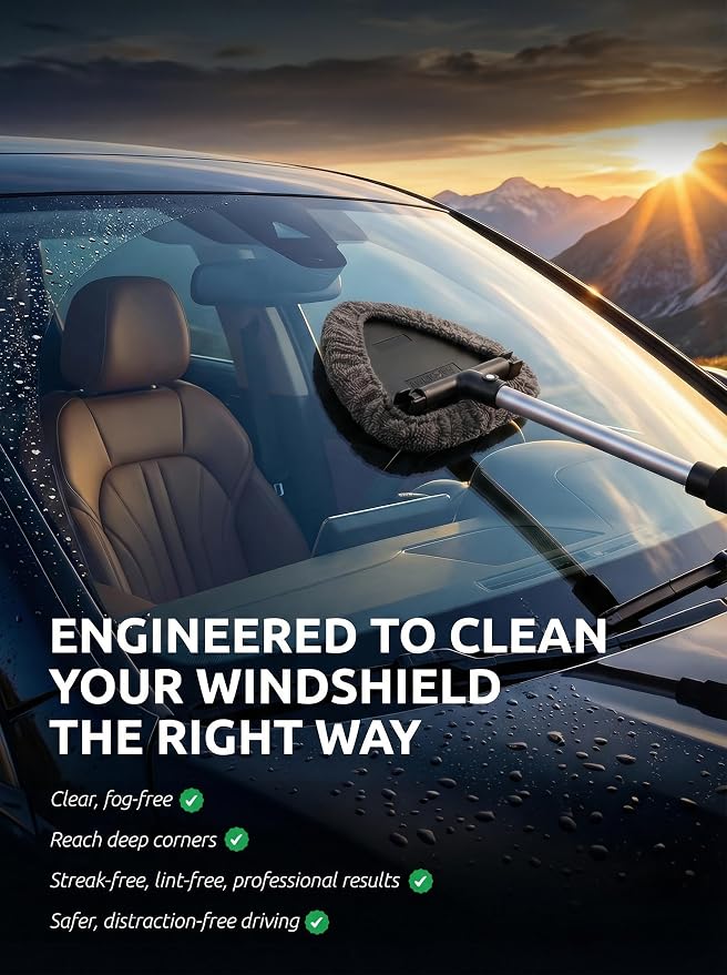 TAKAVU Window & Windshield Cleaner, Extendable, 3 Microfiber Pads (Grey) | Pivoting Triangle Head Wiper Cleans Interior & Exterior Glass, 3 Washable Reusable Bonnets, Lint-Free