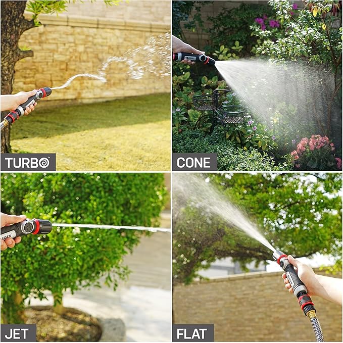 Eden PRO 96845 Metal Thumb-Control Straight 4-Pattern Turbo Nozzle | Heavy-Duty Hose Sprayer for Garden, Lawn, Plants, Outdoor Cleaning, Durable Aluminum Core, Quick Connect Set Bundle