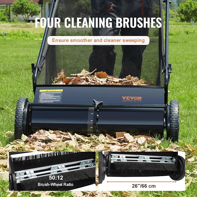 26 Inch Lawn Sweeper Push Hand Powered for Leaves, Grass Clippings & Yard Debris, 4 High-Speed Brushes & Large 7 cu ft Hopper Bag | Adjustable Height, ABS+Steel Frame (26 Inch Black2)