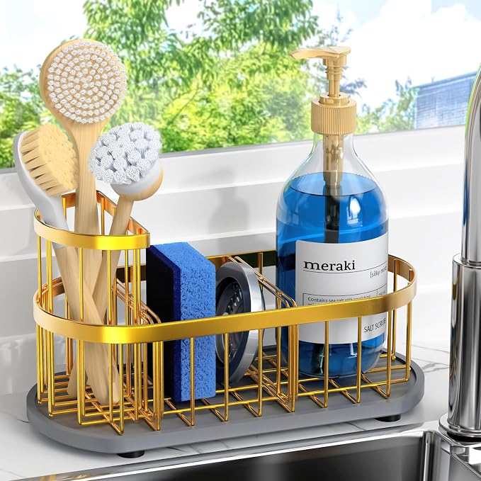 Sponge Holder for Kitchen Sink with High Brush Holder, [Stay-Dry Anywhere & No Drainage Needed] Rustproof Stainless Steel Kitchen Sink Caddy Organizer with Water Absorbing Stone Tray, Gold