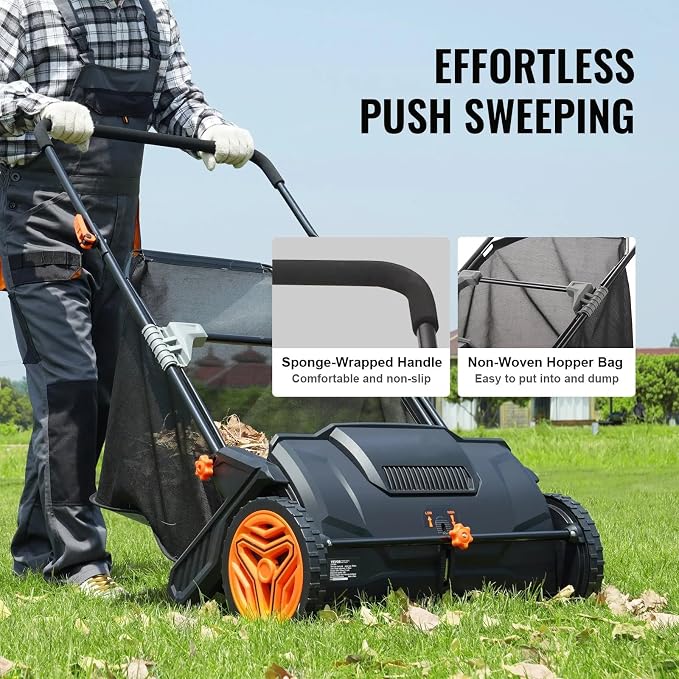 21 Inch Push Lawn Sweeper, Hand Powered Leaf & Grass Sweeper with 7 Cu Ft Hopper, 4 High-Speed Brushes, Height Adjustable, ABS & Steel Frame for Yard Lawn Cleanup (Black 2, 21 Inch)