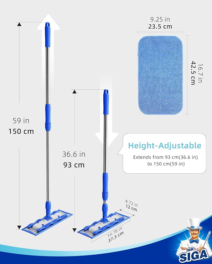 MR.SIGA Professional Microfiber Mop for Hardwood, Laminate Floor Cleaning | Stainless steel telescopic handle, 3 reusable microfiber flat mop refills and 1 dirt removal scrubber included