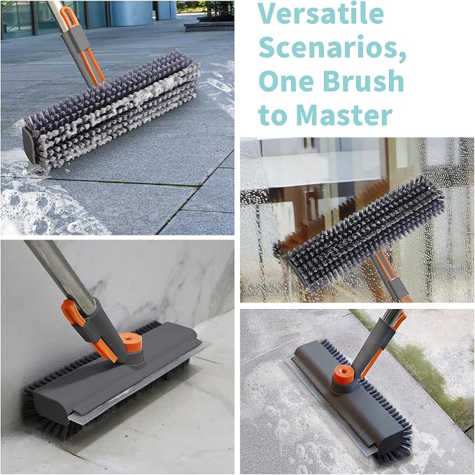 AIR U+ Floor Scrub Brush with Long Handle, 3-in-1 Rotating Head & Squeegee | Stiff Dual-Sided Bristles for Shower, Bathroom, Kitchen and Patio, 30–50 In Handle for Easier Stand-up Cleaning, Gray