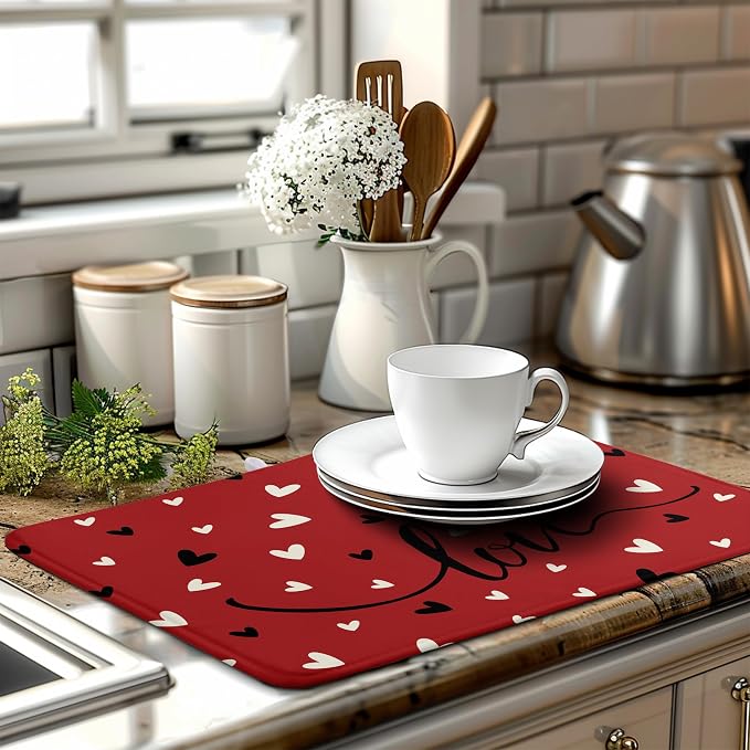 Valentine Dish Drying Mat for Kitchen Counter Valentines Day Red Black Love Heart Holiday Drying Mats Absorbent Microfiber Dish Draining Mat Extra Large Dish Rack Pad 18x24 Inch