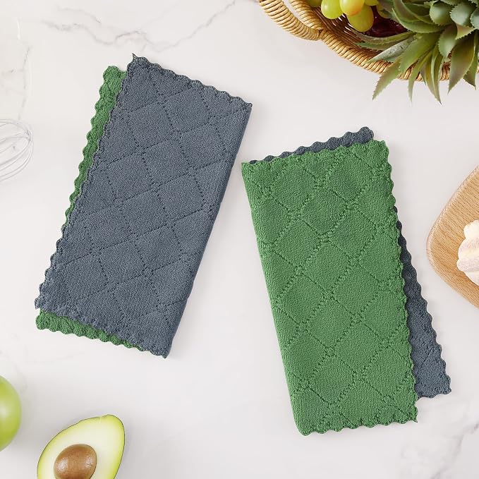 Homaxy 12 Pack Kitchen Cloths Dish Towels (10" x 10", Dark Grey & Grass Green), Super Soft and Absorbent Dish Cloths, Coral Velvet Microfiber Cleaning Cloth, Nonstick Oil Fast Dry Dishcloths