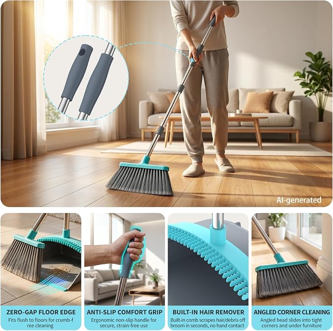 Broom with Dustpan Combo Set, Silicone Broom,Long Handle Broom with Upright Standing Dustpan, Squeegee - Broom for Indoor Cleaning 2+1,for Indoor Outdoor,Smooth Floors, Rugs