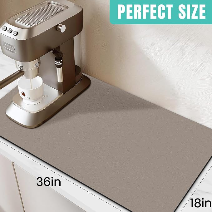 WISELIFE Coffee Mat Super Absorbent Dish Drying Mat Coffee Bar Accessories Match with Machine Large Drying Mats for Kitchen Counter 18" W x 36" L, Khaki