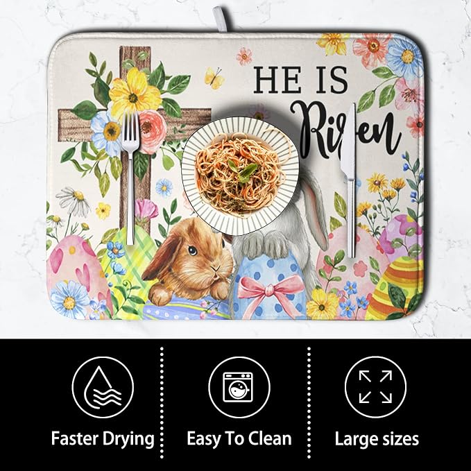 He is Risen Easter Dish Drying Mat for Kitchen Counter Bunny Floral Cross Dish Drainer Mats Spring Rabbit Flowers Egg Dish Drying Pads Absorbent Microfiber Reusable Dish Rack Mat 18x24 Inch