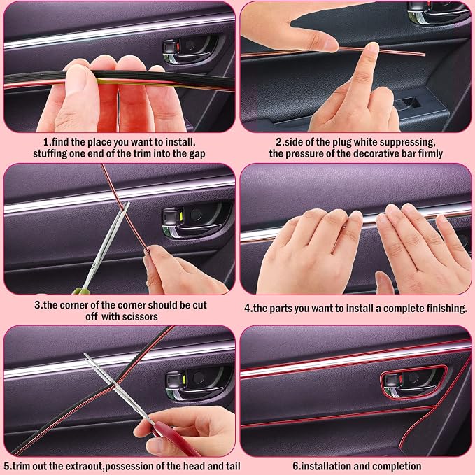 32 Feet Car Interior Moulding Trim Strips Universal Car Decoration Pinstriping Filler Insert Strips Dashboard Decorative DIY Flexible Garnish with Installing Tool(Simple Style,Red)