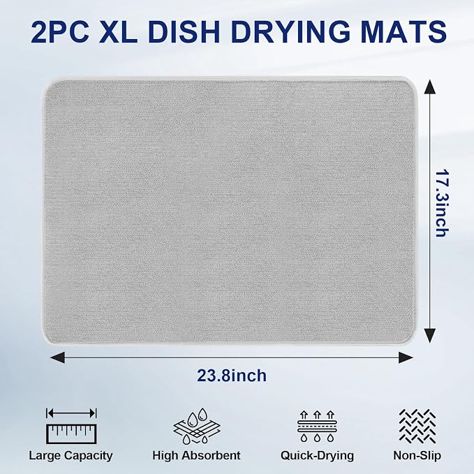 Large Dish Drying Mat 2 Pack, 23.8" x 17.3" Microfiber Ultra Absorbent Quick-Dry Dish Drying Mats for Kitchen Counter, Dish Rack Mat & Drying Pad for Countertops & Sinks, Machine Washable, Gray