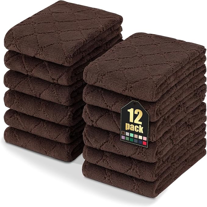 Homaxy 12 Pack Dish Towels for Kitchen (10 x 20 Inches, Brown), Super Soft and Absorbent Coral Velvet Dish Cloths for Washing Dishes, Nonstick Oil Fast Drying Microfiber Cleaning Cloth