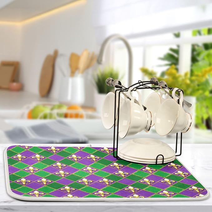 Happy Mardi Gras Purple Green Dish Drying Mat for Kitchen Countertop 16x18 Fleur de Lis Buffalo Plaid Small Drying Mat Reusable Quick Dry Dish Sink Mats Easy Clean Decorative Essentials