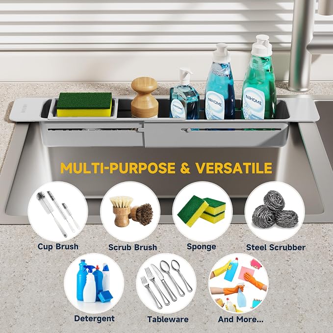 NiHome Extendable Sink Kitchen Organizer, Extra Long Telescopic Brush Storage Rack for Sponge, Non-Slip Pads Expandable Sink Caddy, Adjustable Sponge/Brush Rack with Drainage Durable ABS (Gray)