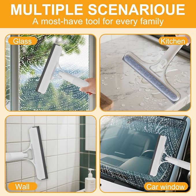 3-in-1 Spray Window Squeegee with Scraper and 2 Cotton Pads, Blue | Spray, wipe, and squeegee glass with one handheld tool; includes two replaceable cotton cleaning strips