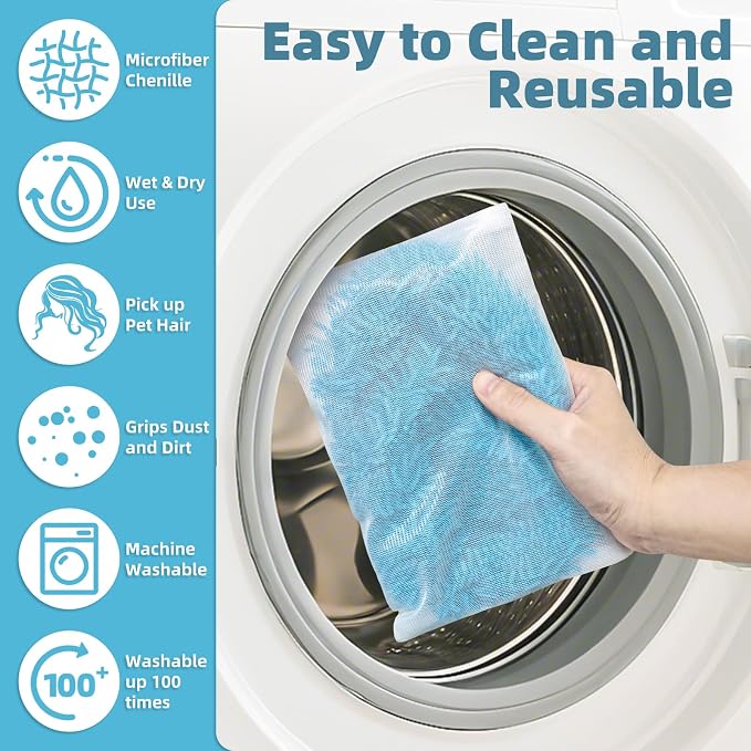 Reusable Microfiber Mop Pads Compatible with Swiffer Sweeper Mop, Washable Wet Pads Refill & Chenille Dry Sweeping Cloths for Use on All Sealed Floors - Wood, Laminate, Stone & Tile (10 Coral Blue)