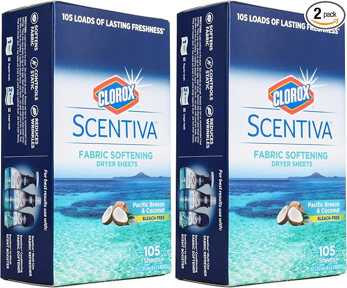 Clorox Scentiva Fabric Softening Dryer Sheets | Fabric Sheets in Pacific Breeze & Coconut Scent | Laundry Dryer Sheets for Fresh & Clean Clothes | 105 Count (Pack of 2)