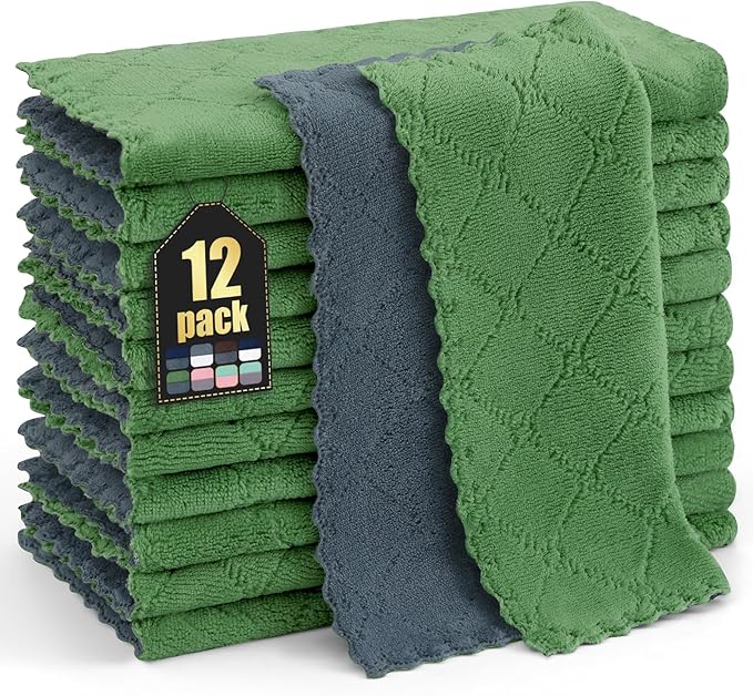 Homaxy 12 Pack Kitchen Cloths Dish Towels (10" x 10", Dark Grey & Grass Green), Super Soft and Absorbent Dish Cloths, Coral Velvet Microfiber Cleaning Cloth, Nonstick Oil Fast Dry Dishcloths