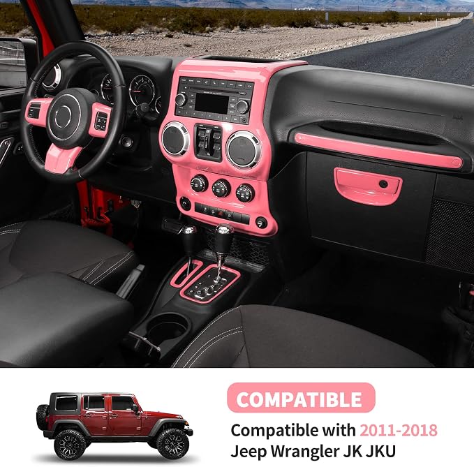 10PCS Full Set Interior Trim Kit for 2011-2018 Jeep Wrangler JK JKU,Center Console Trim, Dashboard Conditioning Switch Co-Pilot Handle Armrest Box Gear Shift Cover Trim(Pink)
