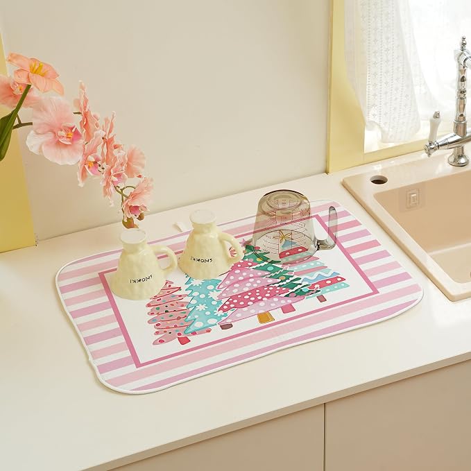 Christmas Dish Drying Mats 18x24 Inch Stripes Watercolor Pink Christmas Trees Star Drying Mats Xmas Winter Holiday Kitchen Decor Absorbent Drying Dish Pad for Kitchen Dining Room Counter