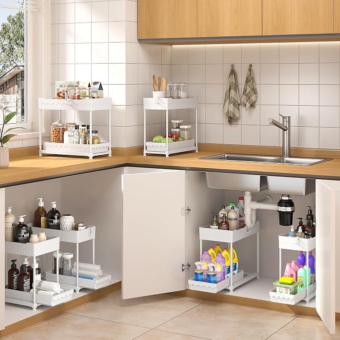 Sevenblue 4-Pack 2-Tier Under Sink Organizer with Pull Out Drawers | Multi-use kitchen & bathroom storage. Includes hanging hooks and cups. White, space-saving cabinet design. 12.8 Inch