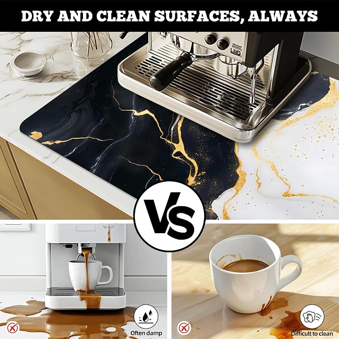 Dish Drying Mat Large Coffee Mat Absorbent Drying Mat for Kitchen Counter Coffee Bar Accessories 32"x 17", White Gold Marble