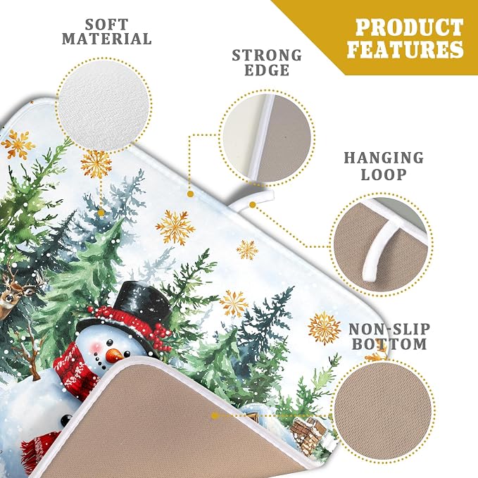 Christmas Kitchen Drying Mat 16 x 18 Inch Winter Snowflake Drying Pad Snowman and Tree Pattern Absorbent Reversible Microfiber Mats Dish Rack Pad Drainer Mat for Coffee Bar Decor