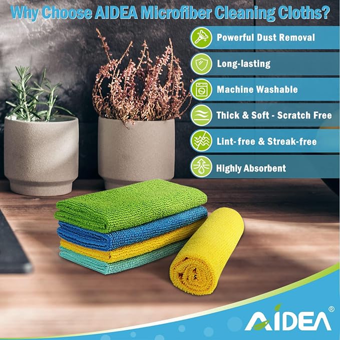 AIDEA Microfiber Cleaning Cloth, 10PK, Soft Absorbent Rags, Microfiber Towels for Cars, Kitchen Towels, Dusting Cloth for Home, Window, Cleaning Supplies, 12"×12"