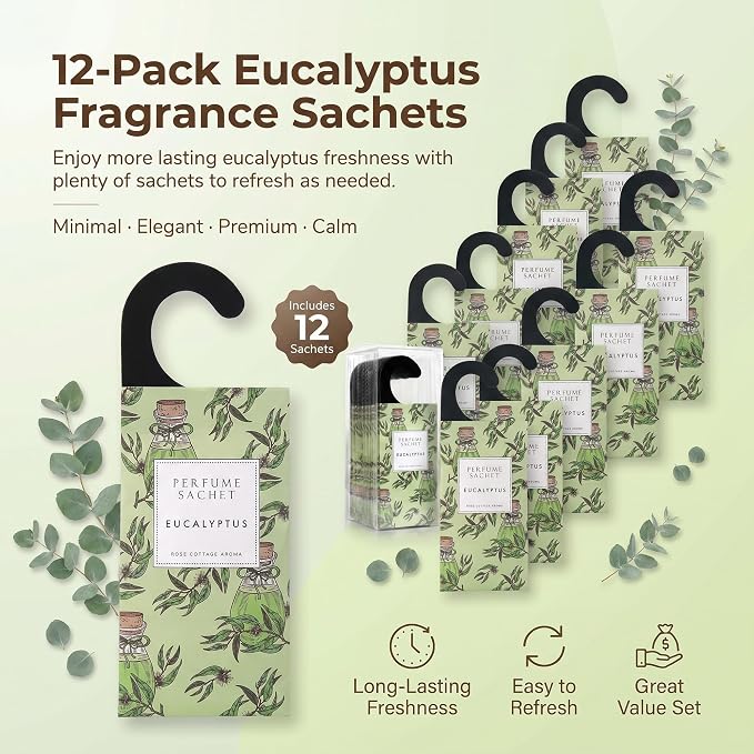 Large 12 Packs Eucalyptus Hanging Scented Sachets Long-Lasting Closet Deodorizer Air Freshener Fabric Refresher Odor Eliminator for Drawer Home Fragrance Gift Set