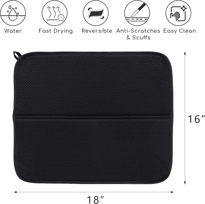2 Pack Dish Drying Mat, Microfiber Dish Drainer Mat 16x18 inch Large Size Dish Drying Pad, Ultra Absorbent Dish Drying Mats for Kitchen Counter, Coffee, Rack
