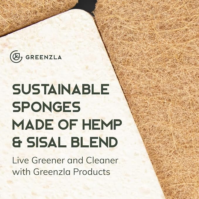 GREENZLA 6 Pack Kitchen Sponges | Non-Scratch Hemp & Sisal | Dual-sided: scrubbing + absorbent cellulose | Odor-resistant | Biodegradable | Dishes, sinks & bathtubs