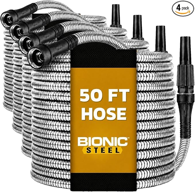 BIONIC STEEL 50 Ft Metal Garden Hose with Sprayer Nozzle,Non Kinking Stainless Steel Heavy Duty Hose 50Ft x 5/8 in. Ultra Flexible NON Expandable for Uninterrupted Water Flow,500 PSI,(Pack of 4)