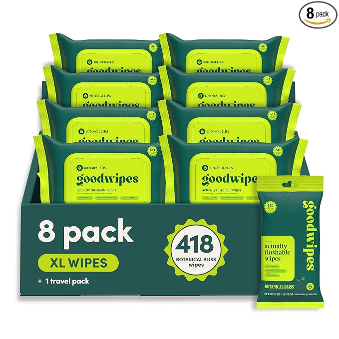 goodwipes Flushable Wipes Bulk Pack, Botanical Bliss Adult Wet Wipes for Women & Men, Sewer & Septic Safe, Toilet & Bathroom Essentials, Extra Large, 418 Count (8 Packs and 1 Travel Pack)