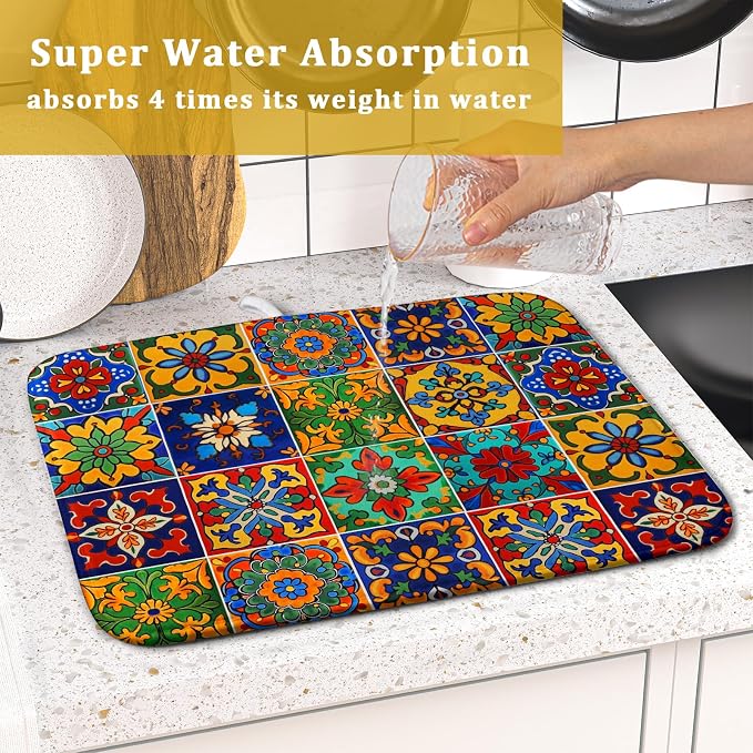 Mexican Tiles Dish Drying Mat for Kitchen Counter Absorbent Microfiber Dish Drying Pad Kitchen Gadgets Multi-use